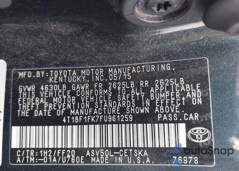 2015 Toyota Camry Se from USA, damaged, VIN 4T1BF1FK7FU961259